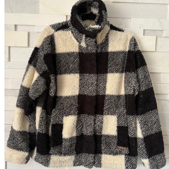 BILLABONG Buffalo Check Faux Fur Black Cream Pockets Funnel Neck Snap Jacket XS - Picture 1 of 7